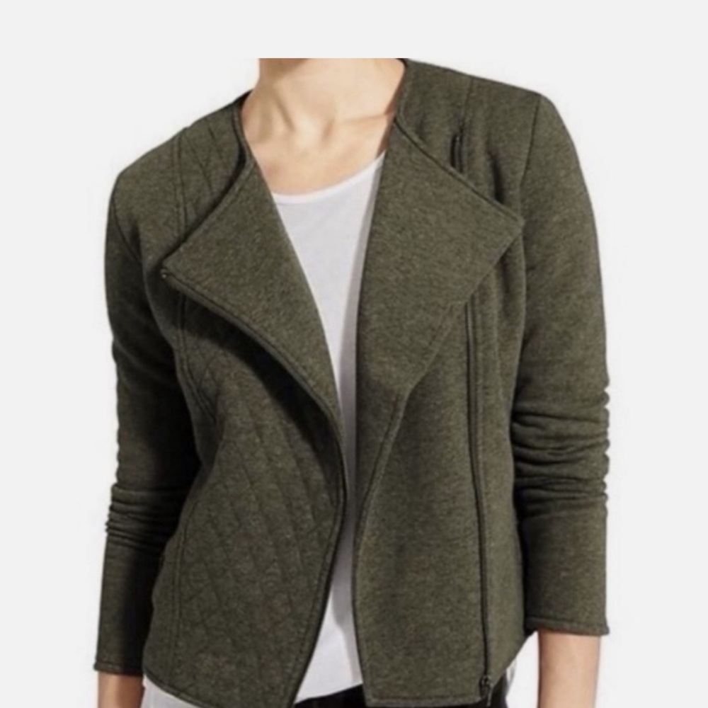 Athleta Belvedere Quilted Asymmetrical Jacket in a dark olive green color.